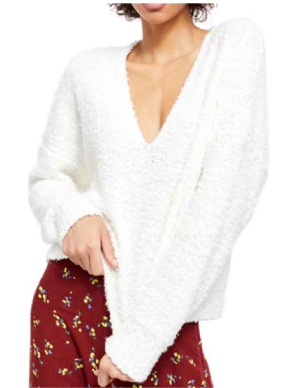 Free People Cozy V-Neck White Bouclé Knit Sweater